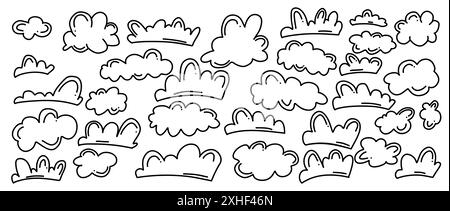 Divertenti scarabocchi nuvolosi in confezione di illustrazioni vettoriali monocromatiche. Essenza del cielo e dei fenomeni meteorologici in stile monocromatico su sfondo bianco Illustrazione Vettoriale