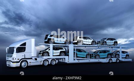 Un trasportatore di auto carico di sette piccole auto elettriche sotto un cielo nuvoloso dinamico Foto Stock