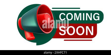 Presto disponibile. Bolla vocale con megafono. Annuncio in arrivo. Illustrazione vettoriale Illustrazione Vettoriale
