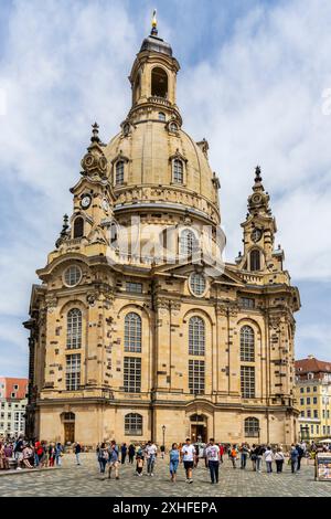 Esterno della Chiesa di nostra Signora (Frauenkirche) a Dresda, stato di Sassonia, Germania. Considerato un esempio eccezionale di architetto sacro protestante Foto Stock