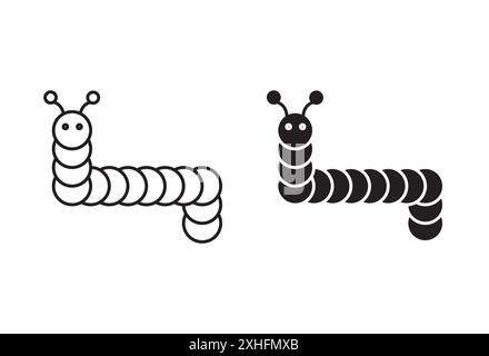 Collezione di simboli o set di simboli Caterpillar Icon Vector in bianco e nero Illustrazione Vettoriale