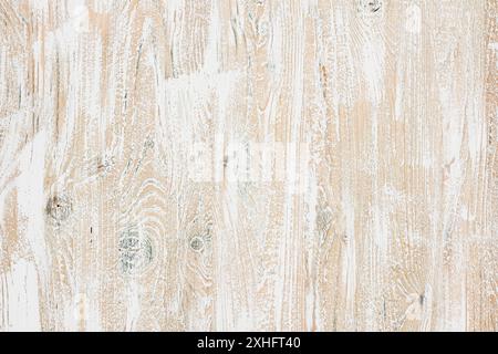 Sfondo in legno chiaro dipinto di bianco, struttura in legno con strisce e nodi verticali, vista dall'alto Foto Stock