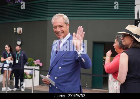 Wimbledon, Londra, Regno Unito. 14 luglio 2024 NIGEL FARAGE, leader del partito riformato e neoeletto membro del Parlamento per Clacton-on-Sea arriva per la finale maschile all'All England Lawn Tennis Club il giorno 14 dei campionati di Wimbledon. Crediti: Amer Ghazzal/Alamy Live News Foto Stock