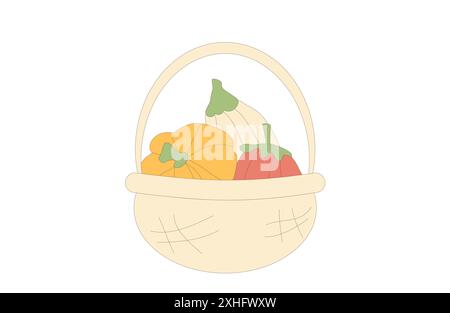 Cestino di zucche. Raccolta autunnale di verdure mature. Illustrazione del contorno vettoriale su sfondo bianco. Illustrazione Vettoriale