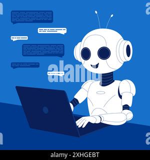 Conversazione con chatbot, aiuto dell'assistente virtuale ai, apprendimento automatico. Simpatico robot seduto al laptop per digitare messaggi nella chat GPT, rispondere alle domande nell'illustrazione vettoriale del cartone animato Messenger Illustrazione Vettoriale