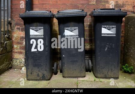 Tre cassonetti neri con il logo del Derbyshire Dales District Council, in fila sul retro di 28 St Johns Street, Wirksworth, Derbyshire Foto Stock