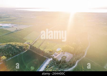 Villa Cordevigo tra vigneti e campi vicino al Lago di Garda in piena luce del sole. Veneto, Italia. Drone Foto Stock