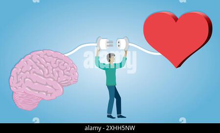 Uomo che collega il cervello al cuore. Dimensione 16:9. Illustrazione Vettoriale