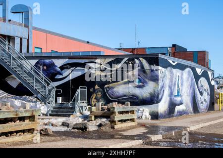 Cane da slitta e murale di musher al Qikiqtani General Hospital di Iqaluit, Nunavut, Canada Foto Stock