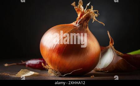 Gemüse, Zwiebel, Allium cepa, einzelne reife Zwiebel, Stillleben im Studio, dunkler Hintergrund Foto Stock