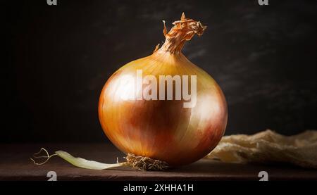 Gemüse, Zwiebel, Allium cepa, einzelne reife Zwiebel, Stillleben im Studio, dunkler Hintergrund Foto Stock