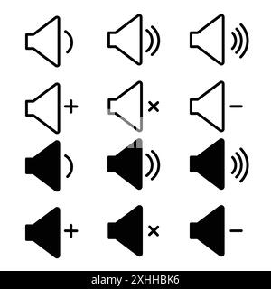 Icona del volume dell'altoparlante grafica con linee nere in bianco e nero e segno di raccolta del set di contorni Illustrazione Vettoriale