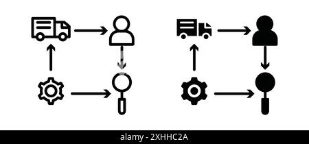 Icona della catena di approvvigionamento Vector Black line art in bianco e nero con il simbolo di raccolta del set di contorni Illustrazione Vettoriale