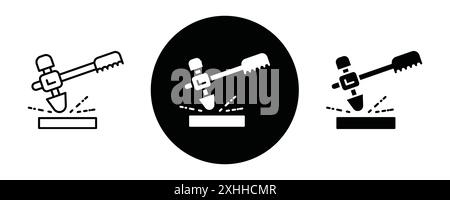 Icona del martello scalpellatore per saldatura Black line art Vector in bianco e nero bordo set segno di raccolta Illustrazione Vettoriale