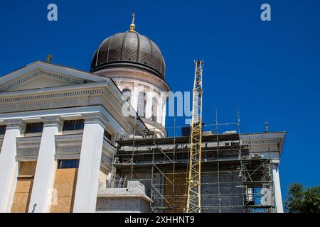 Odessa, Ucraina, 14 luglio 2024 Odesa Trasfigurazione Cattedrale. Il 2023, la Russia sparò missili alla cattedrale della Chiesa ortodossa Ucraina di Th Foto Stock