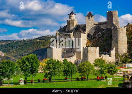 Splendida vista della fortezza di Golubac, una fortezza medievale arroccata su una scogliera rocciosa che si affaccia sul fiume Danubio in Serbia. La fortezza, un simbolo di se Foto Stock