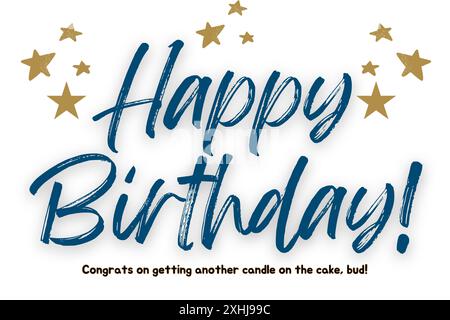 Buon compleanno scritta a inchiostro, biglietto d'auguri calligrafico con scintillanti stelle dorate. Modello tipografico Blue Happy Birthday. Banner scheda Illustrazione Vettoriale