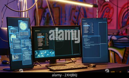 Sistemi informatici ad alta tecnologia che eseguono codice dannoso in un nascondiglio caotico di criminali vuoti. Script antivirus eseguito sui monitor dei PC in un magazzino vuoto illuminato al neon utilizzato dagli hacker per commettere attività illegali Foto Stock