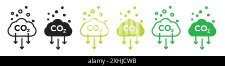Icona delle emissioni di CO2 vettore grafico della linea nera in bianco e nero segno di raccolta del set di contorni Illustrazione Vettoriale