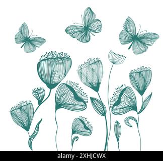 Filare i fiori con le farfalle. disegno a mano. Non ai, illustrazione vettoriale Illustrazione Vettoriale
