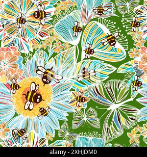 Splendidi fiori e api senza cuciture. Non ai, illustrazione vettoriale. Illustrazione Vettoriale