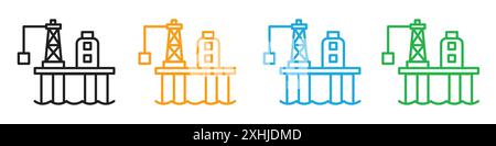 Icona della piattaforma petrolifera Vector Black line art in bianco e nero, insegna di raccolta del set di contorni Illustrazione Vettoriale