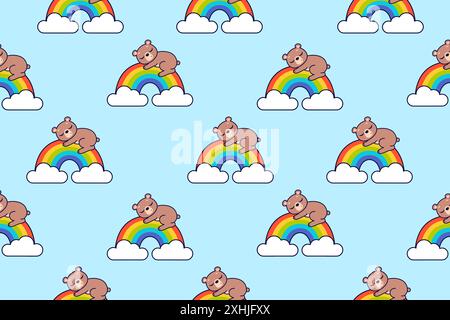 L'orso carino dorme sull'arcobaleno. Pattern vettoriale senza giunture. Illustrazione Vettoriale