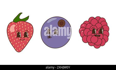 Frutta e frutti di bosco in stile goffrato. Fragole mirtilli lamponi. Personaggi alla moda retrò, mascotte comica. Poster banner di design. Y2K Hippie anni '70, '80 Illustrazione vettoriale. Illustrazione Vettoriale