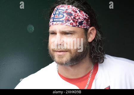 St. Louis, Stati Uniti. 14 luglio 2024. I St. Louis Cardinals Brandon Crawford guardano l'azione contro i Chicago Cubs dal suo dugout al Busch Stadium di St. Louis domenica 14 luglio 2024. Foto di Bill Greenblatt/UPI credito: UPI/Alamy Live News Foto Stock