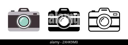 Set di icone della fotocamera. Fotocamera dal design piatto. Illustrazione vettoriale. Fotocamera con icona quadrata arrotondata in stile diverso. Illustrazione Vettoriale