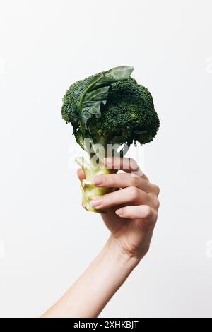 Persona che tiene un pezzo di broccoli su sfondo bianco Foto Stock