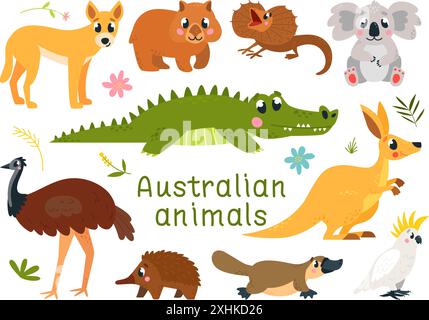 Cartoni animati animali australiani. Animale esotico selvaggio, mascotte infantili. Mammiferi divertenti, canguro kangaroo wombat dingo dog. Caratteri vettoriali di classe Illustrazione Vettoriale