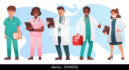 Caratteri del medico. Infermiera personale medico, donna e uomini che lavorano in ospedale, dentista professionista, terapeuta e chirurgo, personaggi maschili e femminili in piedi. Set di cartoni animati vettoriali isolati piatti Illustrazione Vettoriale