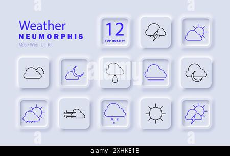 Icona impostazione meteo. Nuvola, pioggia, temporale, sole, nebbia, vento, neve, luna, parzialmente nuvoloso, tempesta, sole, previsioni. Illustrazione Vettoriale