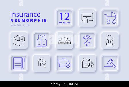 Icona assicurazione. Documento, sicurezza, passeggino, casa, contratto, giubbotto di salvataggio, medico, proprietà, fuoco, lente di ingrandimento, causa, protezione. Illustrazione Vettoriale