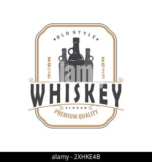 Logo whiskey, design di etichette per bevande con modello Premium con illustrazione degli ornamenti d'epoca Illustrazione Vettoriale