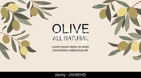 Etichetta oliva. Olio di albero, foglia e ramoscello con foglie per etichetta vintage spagna, insalata di erbe verdi e bacche. Design per striscioni orizzontali con spazio di copia per il testo. Decorazioni botaniche minimali. Illustrazione vettoriale Illustrazione Vettoriale