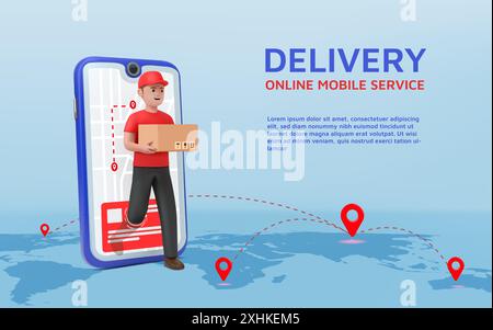 Consegna tramite corriere. Ordine del cibo a casa. App di servizio mobile online. Mappa del mondo. Pin 3D e percorso del traffico. Servizio logistico gratuito per il ristorante al telefono. Consegnatoio che trasporta pacchi. Banner vettore spedizione espressa Illustrazione Vettoriale