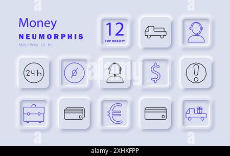 Icona Money Set. Dollaro, euro, carta di credito, portafoglio, camion, 24 ore, servizio clienti, allarme, finanza, transazione, regalo, valigetta. Illustrazione Vettoriale