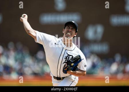 Il lanciatore dei Detroit Tigers Kenta Maeda (18) durante una partita di baseball della MLB tra i Detroit Tigers e i Los Angeles Dodgers domenica 14 luglio 2024 Foto Stock