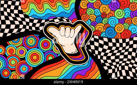 Pagina di colorazione psichedelica con gesti jumbo shaka in colori caldi. Illustrazione Vettoriale