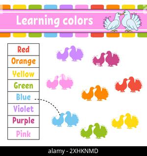 Apprendimento dei colori. Foglio di lavoro per lo sviluppo dell'istruzione. Pagina dell'attività con immagini. Gioco per bambini. Personaggio divertente. stile cartoni animati. Illustrazione vettoriale. Illustrazione Vettoriale