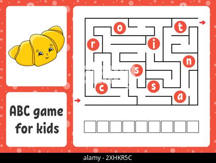 Labirinto ABC per bambini. Labirinto rettangolare. Foglio di lavoro attività. Puzzle per bambini. Stile cartone animato. Tamburo di stampa logico. Illustrazione vettoriale a colori. Illustrazione Vettoriale