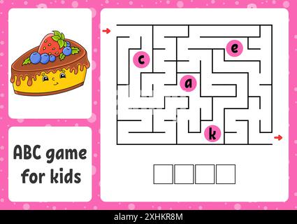 Labirinto ABC per bambini. Labirinto rettangolare. Foglio di lavoro attività. Puzzle per bambini. Stile cartone animato. Tamburo di stampa logico. Illustrazione vettoriale a colori. Illustrazione Vettoriale