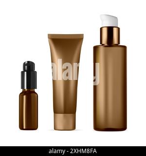 Kit crema solare SPF 50. Design del flacone vettoriale. Campione in vaschetta con contagocce per siero. Design di mockup, shampoo o bottiglia di lozione per cosmetici di bellezza. Illustrazione Vettoriale