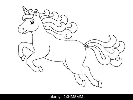 Bellissimo unicorno che salta. Pagina di libri da colorare per bambini. Personaggio in stile cartoni animati. Illustrazione vettoriale isolata su sfondo bianco. Illustrazione Vettoriale