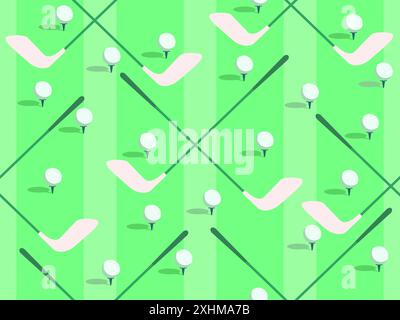 Modello senza cuciture con mazze da golf e palle su un campo verde. Golf club e campo da golf in stile minimalista. Design di tipografia, striscioni e poster, a Illustrazione Vettoriale