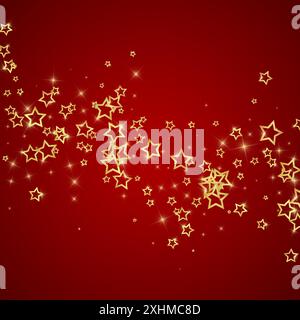 Confetti Gold Sparkling Star. Modello di sovrapposizione infantile da sogno e caotico. Illustrazione vettoriale Festive Stars su sfondo rosso. Illustrazione Vettoriale