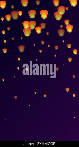 Lanterne che fluttuano nel cielo notturno. Vacanze in Thailandia con lanterne di carta che volano nel cielo notturno. Celebrazioni per il festival delle lanterne. Illustrazione vettoriale su sfondo sfumato viola. Illustrazione Vettoriale