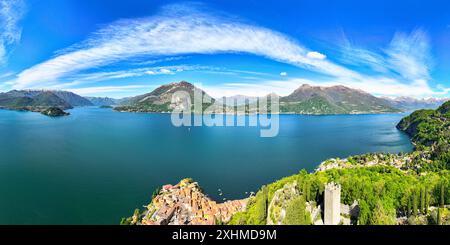 Vista aerea del Castello di Vezio, Varenna e Bellagio, del Lago di Como Foto Stock